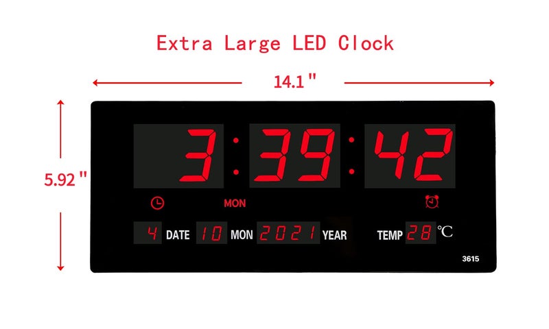 LOTCAIN 14.1 Inch Red Digital Wall Clock, Date/Day/Temperature Display, Energy Saving LEDs, Foldable Stand - Image 2
