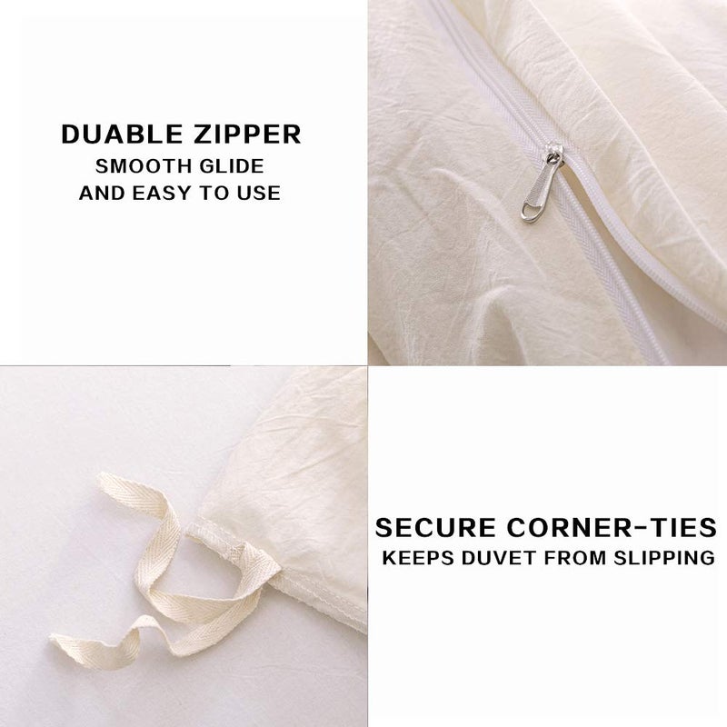 ECOCOTT Duvet Cover Queen Size - 3 Piece 100% Washed Cotton Bedding Set, Soft and Breathable with Zipper Closure & 8 Corner Ties - Comfortable and Stylish for All Seasons (Cream) - Image 5