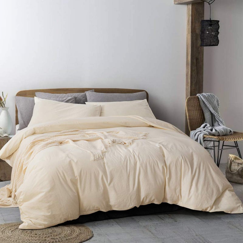ECOCOTT Duvet Cover Queen Size - 3 Piece 100% Washed Cotton Bedding Set, Soft and Breathable with Zipper Closure & 8 Corner Ties - Comfortable and Stylish for All Seasons (Cream) - Image 1