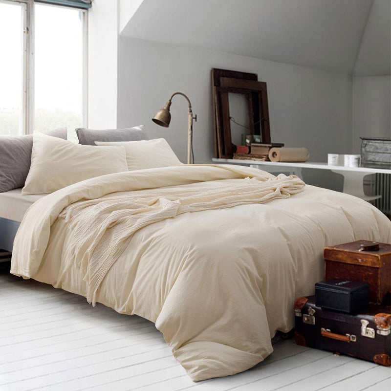 ECOCOTT Duvet Cover Queen Size - 3 Piece 100% Washed Cotton Bedding Set, Soft and Breathable with Zipper Closure & 8 Corner Ties - Comfortable and Stylish for All Seasons (Cream) - Image 2