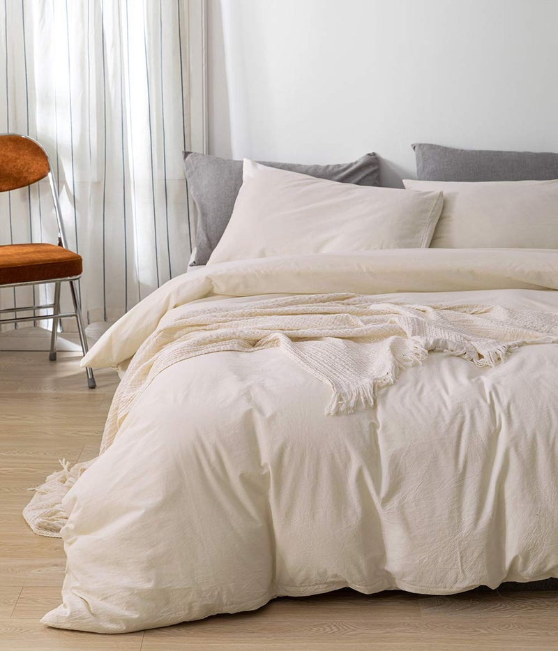 ECOCOTT Duvet Cover Queen Size - 3 Piece 100% Washed Cotton Bedding Set, Soft and Breathable with Zipper Closure & 8 Corner Ties - Comfortable and Stylish for All Seasons (Cream) - Image 3