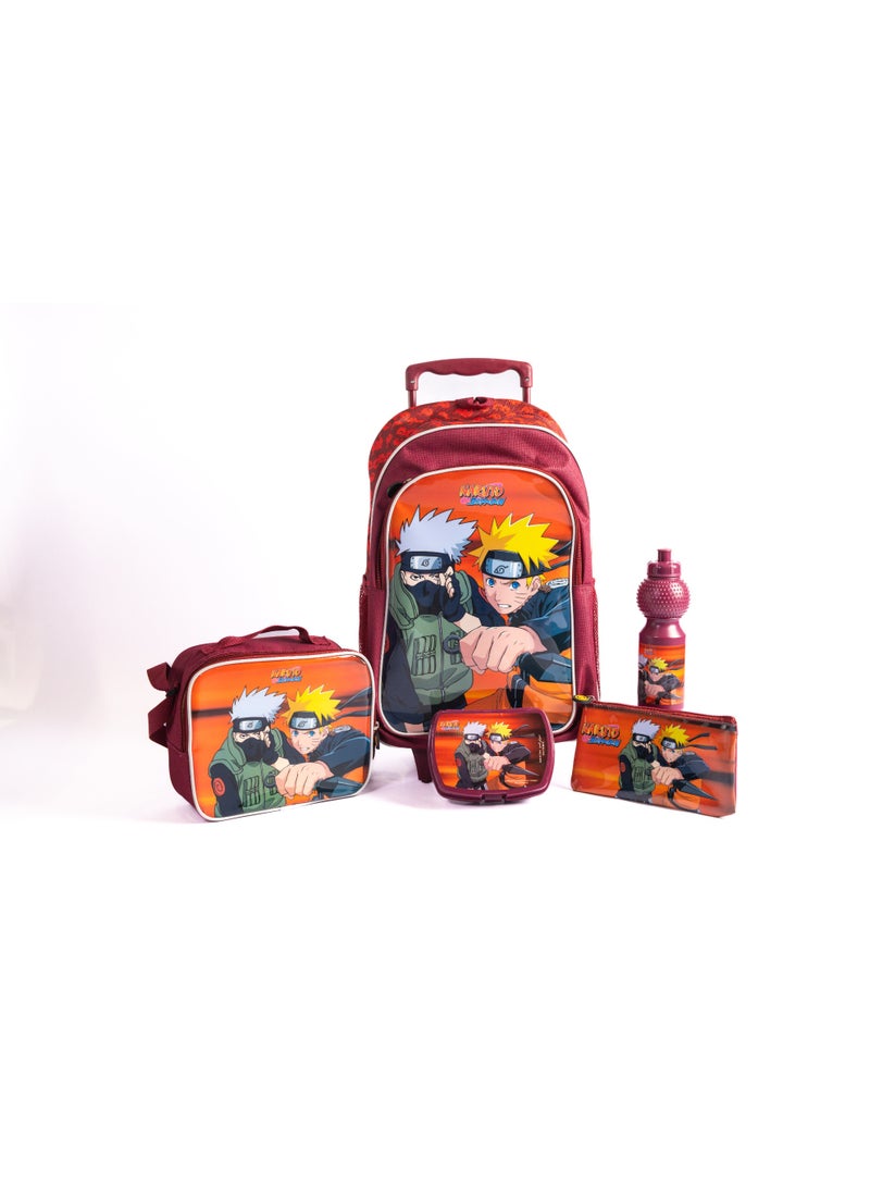 ناروتو طقم حقيبة ترولي مقاس 18 بوصة من ناروتو مع حقيبة غداء ومقلمة وزجاجة مياه وصندوق غداء - كستنائي - Image 1