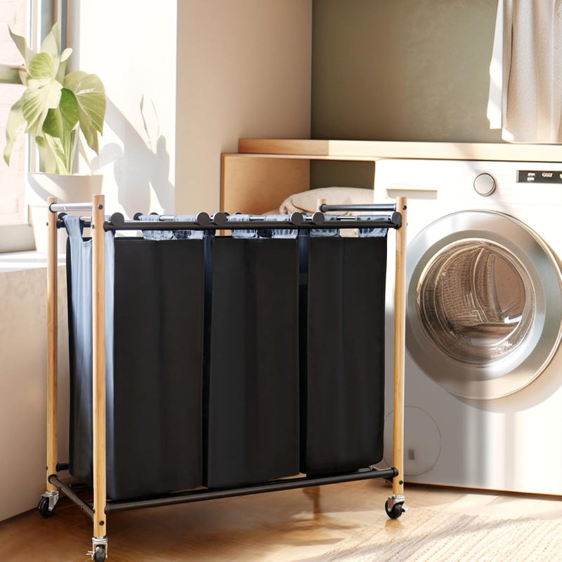 STORAGE MANIAC 3 Section Laundry Sorter, 3 Bag Laundry Hamper Cart with Heavy Duty Rolling Lockable Wheels and Removable Bags, Laundry Organizer Basket Clothes Separator Hamper, Bamboo - Image 2