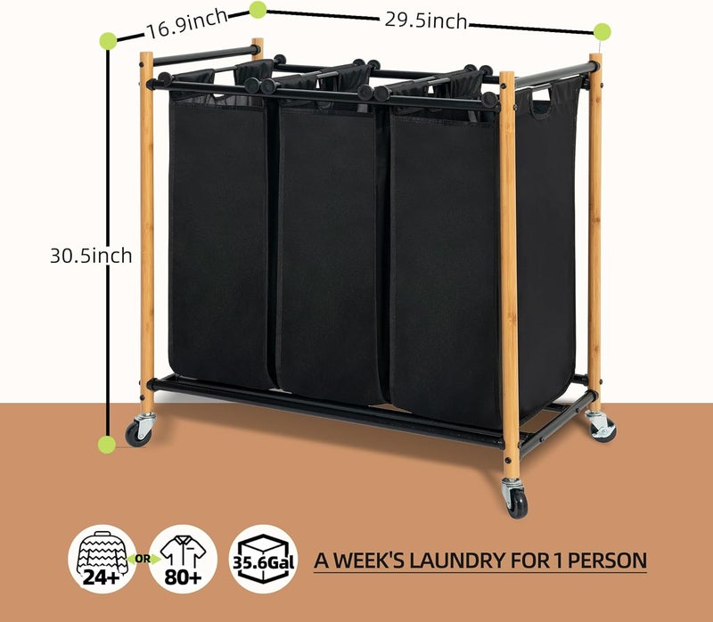 STORAGE MANIAC 3 Section Laundry Sorter, 3 Bag Laundry Hamper Cart with Heavy Duty Rolling Lockable Wheels and Removable Bags, Laundry Organizer Basket Clothes Separator Hamper, Bamboo - Image 3