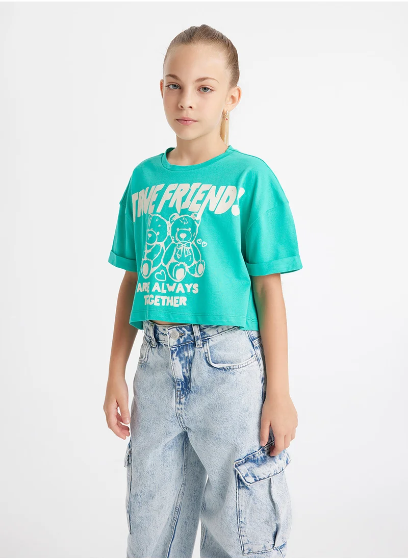 DeFacto Cropped Crew Neck Printed Short Sleeve T-Shirt