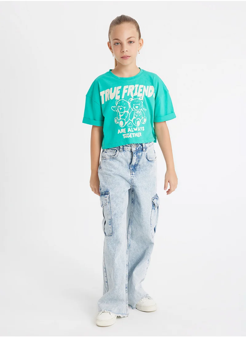 DeFacto Cropped Crew Neck Printed Short Sleeve T-Shirt