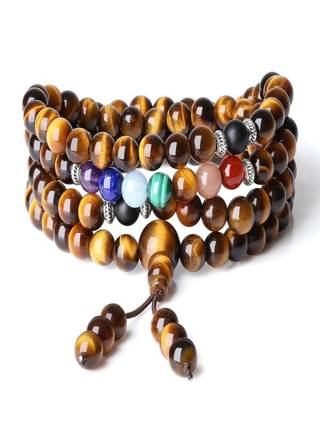 COAI 108 Mala Beads Tiger Eye 7 Chakra Stone Prayer Necklace - Image 1