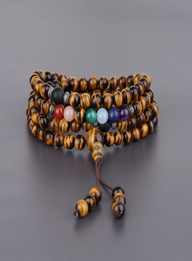 COAI 108 Mala Beads Tiger Eye 7 Chakra Stone Prayer Necklace - Image 3