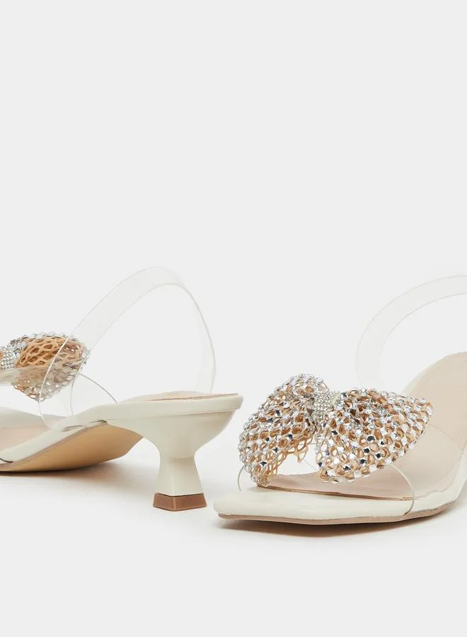 Styli Embellished Bow Detail Transparent Strap Kitten Heel Sandals