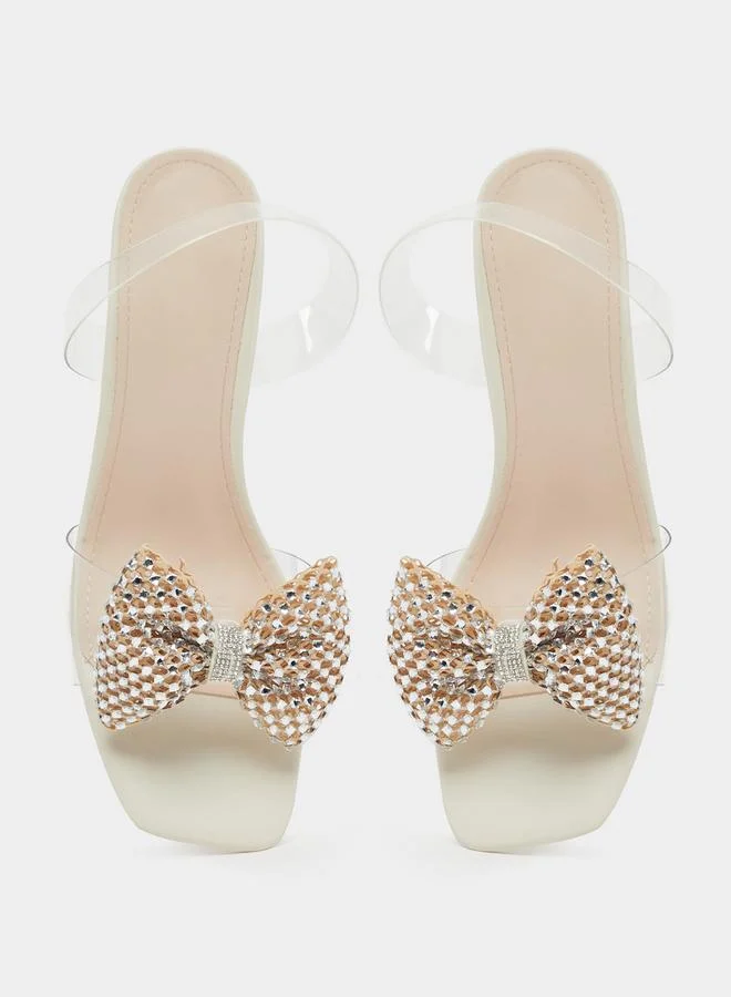 Styli Embellished Bow Detail Transparent Strap Kitten Heel Sandals