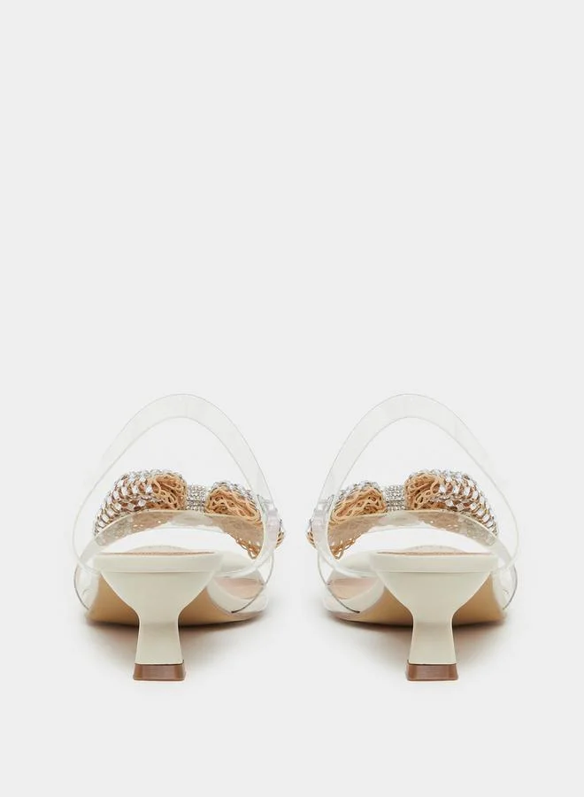 Styli Embellished Bow Detail Transparent Strap Kitten Heel Sandals