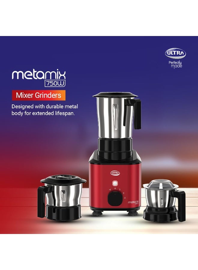 Ultra Metamix 750W 3Jar Mixer Grinder,Red for Superfast grinding,High Speed,750 W,Safety Lock,SS304 Food Grade Jars,3 Jars(0.5L 0.8L,1.5L), ABS Body, Serrated blades, 5 Y WarrantyonMotors. - Image 4