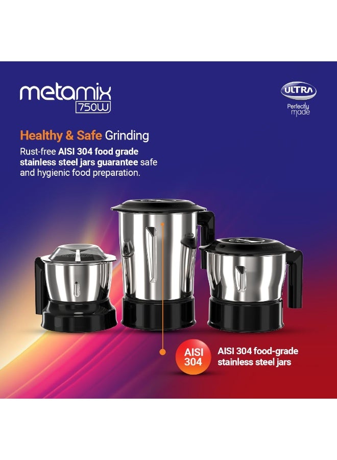 Ultra Metamix 750W 3Jar Mixer Grinder,Red for Superfast grinding,High Speed,750 W,Safety Lock,SS304 Food Grade Jars,3 Jars(0.5L 0.8L,1.5L), ABS Body, Serrated blades, 5 Y WarrantyonMotors. - Image 2