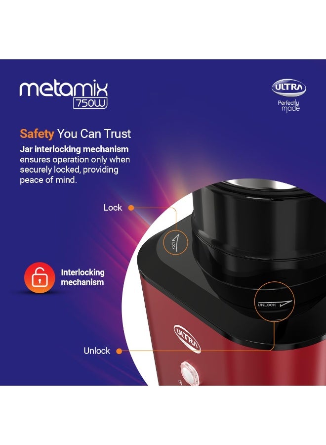 Ultra Metamix 750W 3Jar Mixer Grinder,Red for Superfast grinding,High Speed,750 W,Safety Lock,SS304 Food Grade Jars,3 Jars(0.5L 0.8L,1.5L), ABS Body, Serrated blades, 5 Y WarrantyonMotors. - Image 5