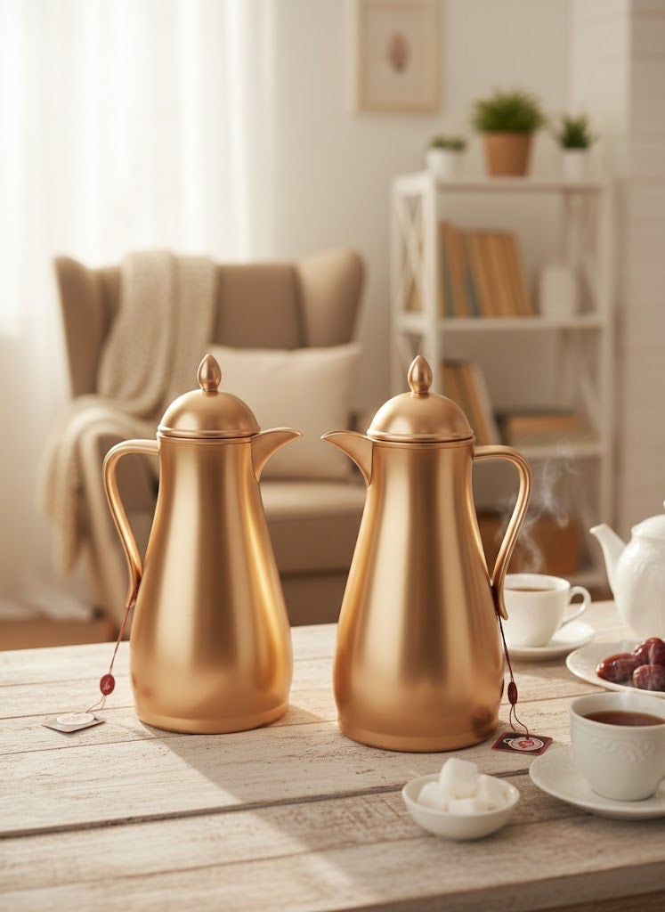 GAZELLA 2-Piece Plastic Tea/Coffee Flask Set 1Liter & 1Liter Gold with Borosilicate Glass Inside - Image 2