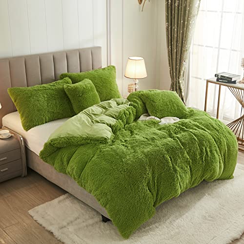 Uhamho Faux Fur Velvet Fluffy Bedding Duvet Cover Set Down Comforter Quilt Cover with Pillow Shams, Ultra Soft Warm (Apple Green, King) - Image 2
