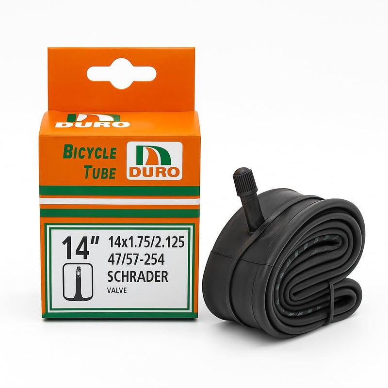 DURO Bicycle Inner Tube 14 Inch (14x1.75/2.125, 47/57-254) – Heavy Duty Butyl Rubber Tube with Schrader Valve AV30 for Kids Bike, Wheelchair, Scooter & Trolley - Image 1
