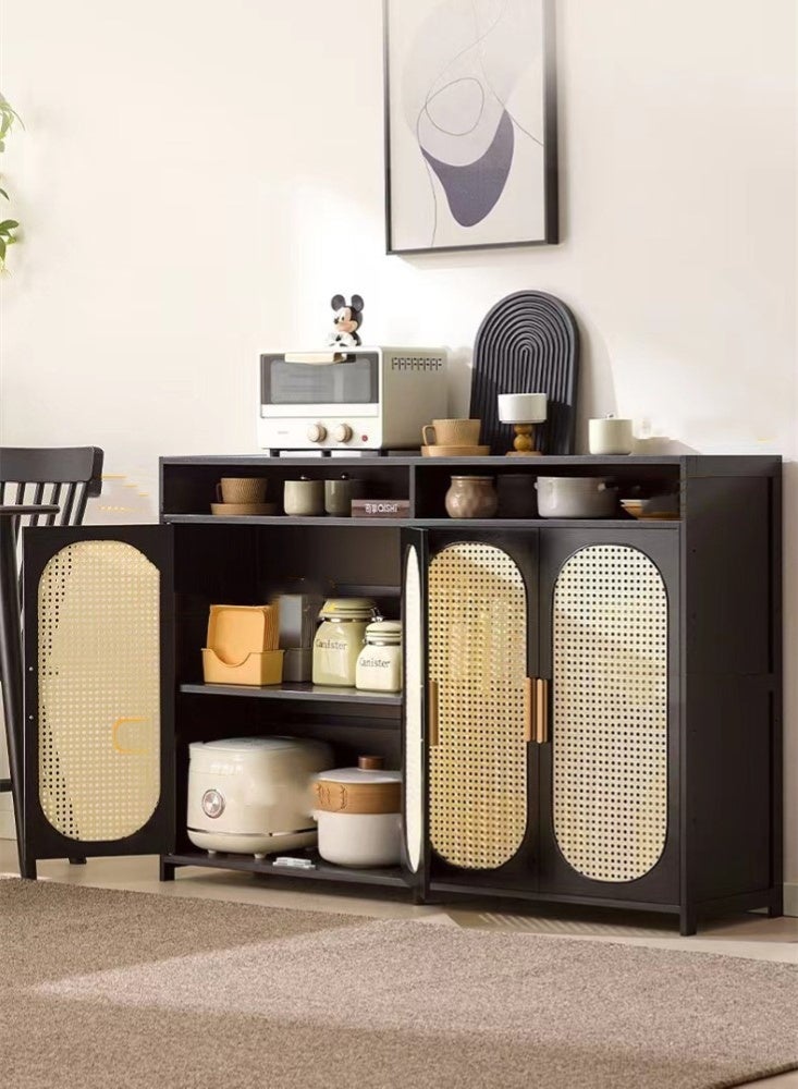 كوتيس خزانة تخزين جانبية منزلية مكونة من قطعة واحدة مع 4 أبواب لغرفة المعيشة وغرفة النوم مصنوعة من ألياف MDF مصنوعة من الخيزران باللون الأسود 126 × 32 × 85 سم - Image 2