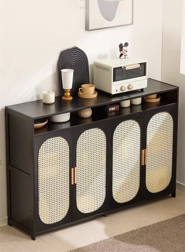 كوتيس خزانة تخزين جانبية منزلية مكونة من قطعة واحدة مع 4 أبواب لغرفة المعيشة وغرفة النوم مصنوعة من ألياف MDF مصنوعة من الخيزران باللون الأسود 126 × 32 × 85 سم - Image 1