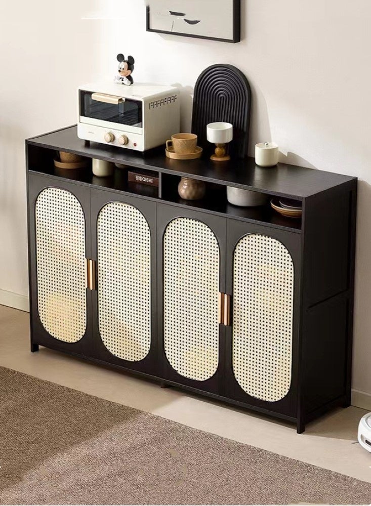 كوتيس خزانة تخزين جانبية منزلية مكونة من قطعة واحدة مع 4 أبواب لغرفة المعيشة وغرفة النوم مصنوعة من ألياف MDF مصنوعة من الخيزران باللون الأسود 126 × 32 × 85 سم - Image 3