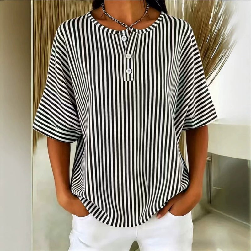 Women's Casual Striped V-Neck Short Sleeve T-Shirt - Image 2