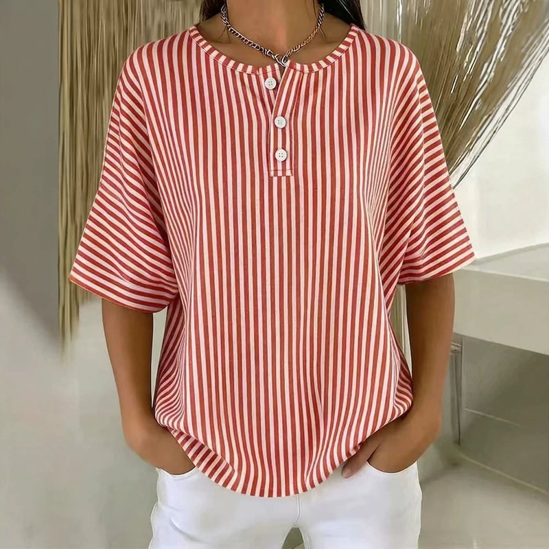 Women's Casual Striped V-Neck Short Sleeve T-Shirt - Image 1