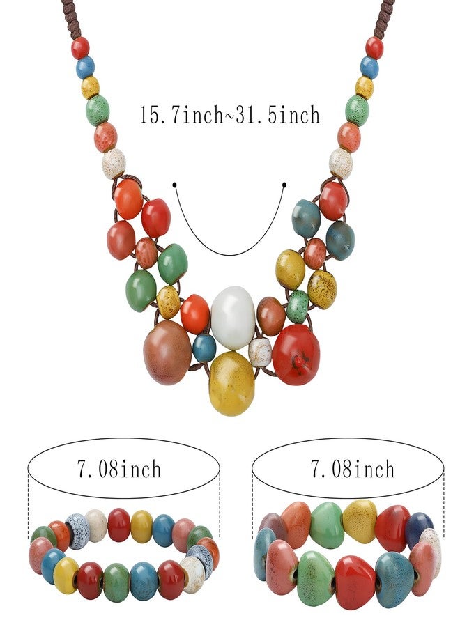 SUBANG 3 Pieces Ceramic Beaded Necklace Bracelets for Women Love Heart Ceramic Bracelet Bohemian Colorful Round Beads Bracelet Boho Jewelry for Women - Image 2