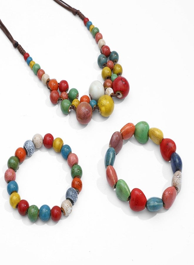 SUBANG 3 Pieces Ceramic Beaded Necklace Bracelets for Women Love Heart Ceramic Bracelet Bohemian Colorful Round Beads Bracelet Boho Jewelry for Women - Image 3