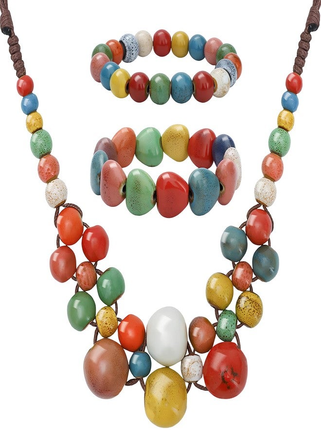 SUBANG 3 Pieces Ceramic Beaded Necklace Bracelets for Women Love Heart Ceramic Bracelet Bohemian Colorful Round Beads Bracelet Boho Jewelry for Women - Image 1