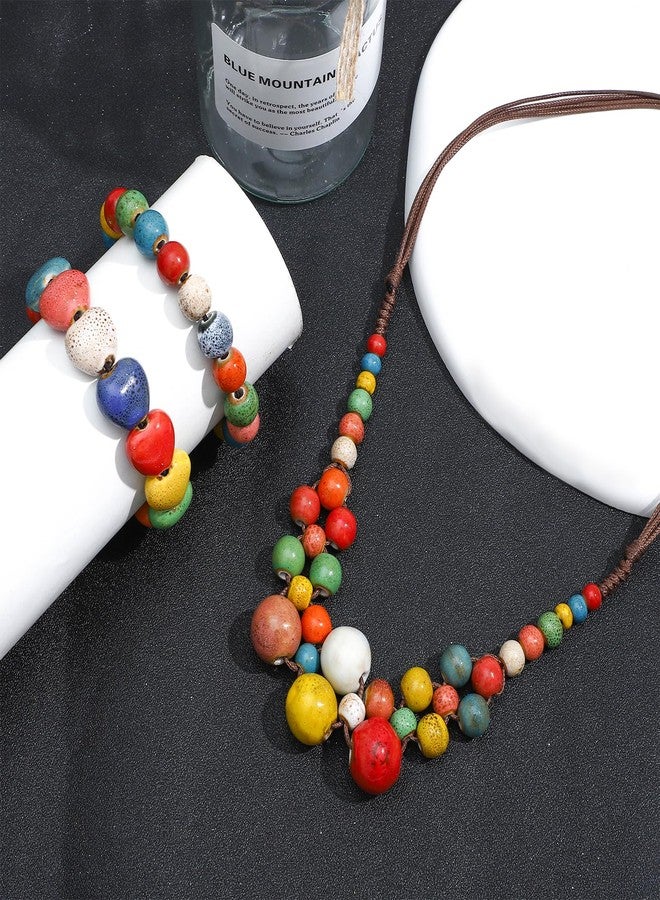 SUBANG 3 Pieces Ceramic Beaded Necklace Bracelets for Women Love Heart Ceramic Bracelet Bohemian Colorful Round Beads Bracelet Boho Jewelry for Women - Image 4