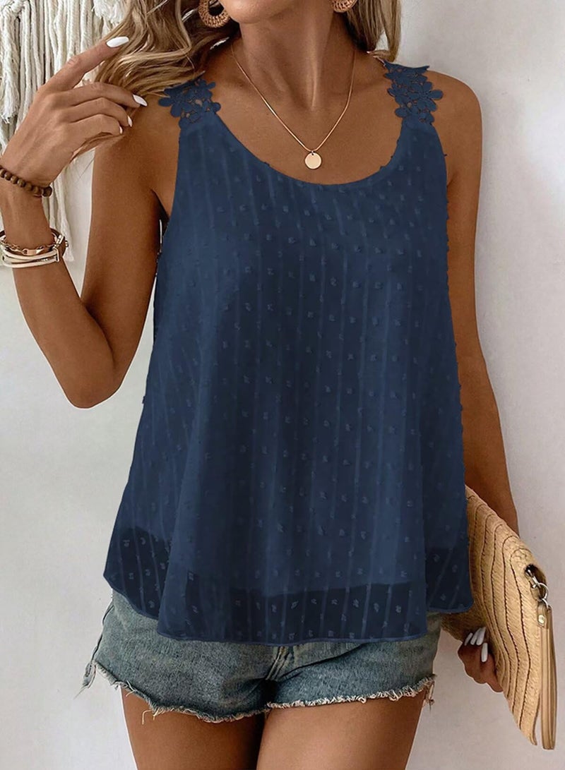 Falechay Lace Camisole Tops for Women Dressy Casual Crew Neck Top Summer Tank Top for Women 2026 Flowy Sleeveless Shirts Bohemian Blouses Navy Blue Plus Size Maternity XL - Image 4