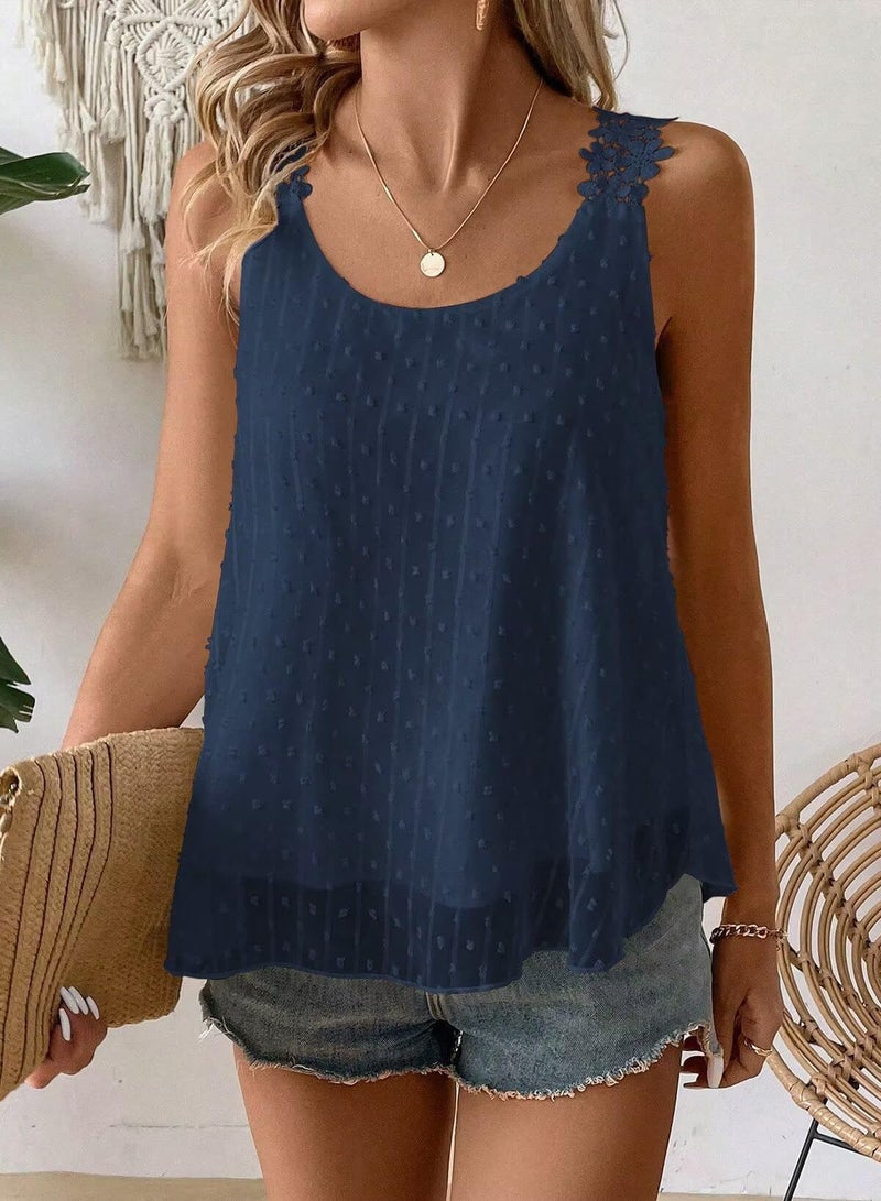 Falechay Lace Camisole Tops for Women Dressy Casual Crew Neck Top Summer Tank Top for Women 2026 Flowy Sleeveless Shirts Bohemian Blouses Navy Blue Plus Size Maternity XL - Image 2