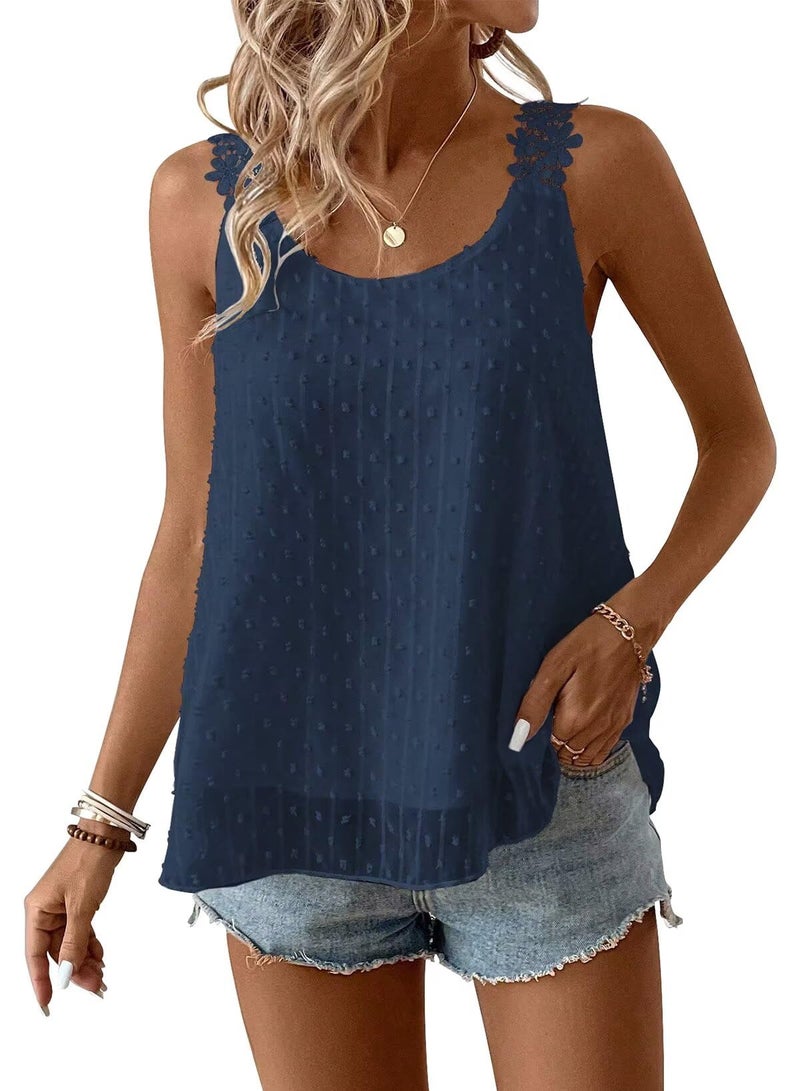 Falechay Lace Camisole Tops for Women Dressy Casual Crew Neck Top Summer Tank Top for Women 2026 Flowy Sleeveless Shirts Bohemian Blouses Navy Blue Plus Size Maternity XL - Image 1