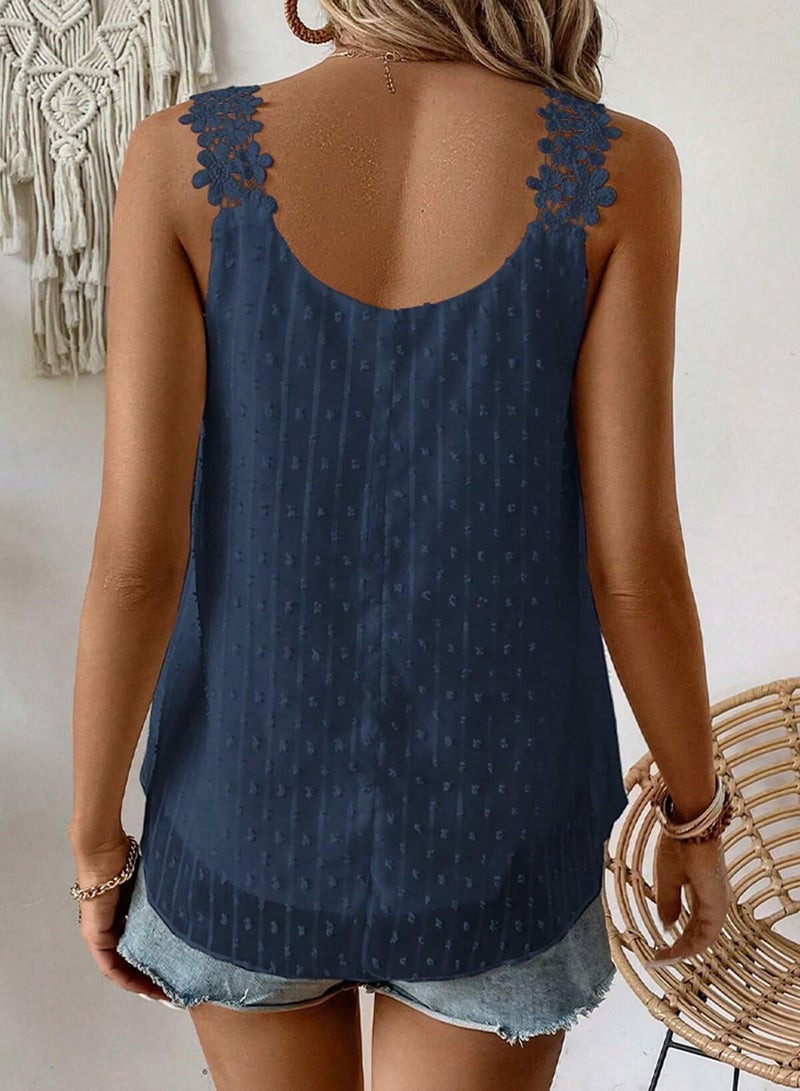Falechay Lace Camisole Tops for Women Dressy Casual Crew Neck Top Summer Tank Top for Women 2026 Flowy Sleeveless Shirts Bohemian Blouses Navy Blue Plus Size Maternity XL - Image 3