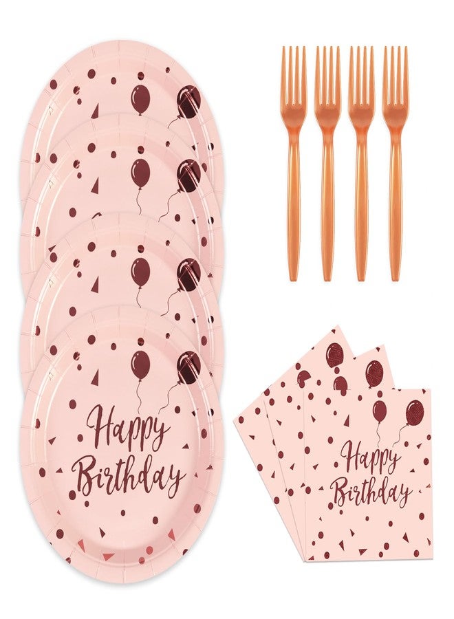 KFJBPB Happy Birthday Plates and Napkins Party Supplies, Pink and Gold Disposable Paper Plates and Napkins with Forks Tableware Set for Women Girl Birthday Party Decorations - Image 1
