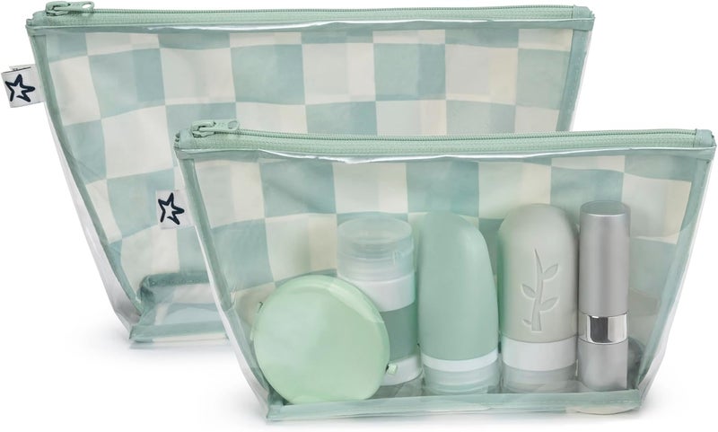 Tiny Twinkle Diaper Bag Organizing Pouches | 2 Pack Mess-Proof Travel Organizer Bags with Structured Bottom & Clear Front | TSA Approved Toiletry Bag Set for Baby and Mom Essentials (Sage Checkers) - Image 1