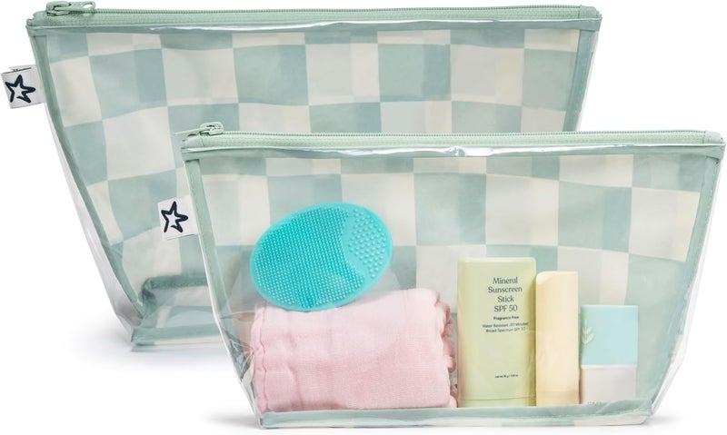 Tiny Twinkle Diaper Bag Organizing Pouches | 2 Pack Mess-Proof Travel Organizer Bags with Structured Bottom & Clear Front | TSA Approved Toiletry Bag Set for Baby and Mom Essentials (Sage Checkers) - Image 3