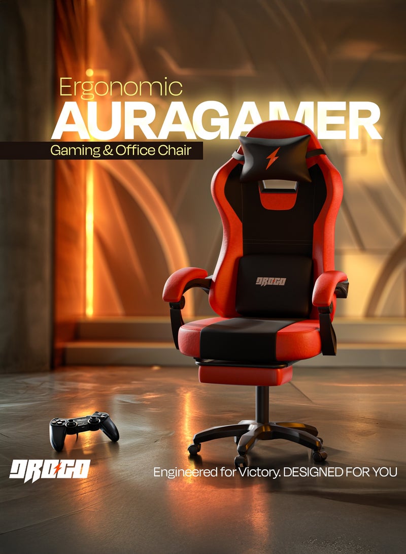 دراجو كرسي ألعاب أورا المريح، مصنوع من جلد PU فاخر، مزود بمساند ذراع قابلة للتعديل، ووسادة للرقبة والظهر قابلة للتعديل | كرسي ألعاب فيديو | كرسي كمبيوتر للدراسة | كراسي مكتبية للعمل من المنزل مع إمكانية الإمالة، أسود/أحمر - Image 2