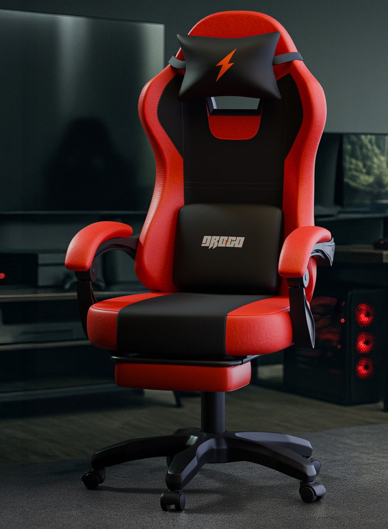 دراجو كرسي ألعاب أورا المريح، مصنوع من جلد PU فاخر، مزود بمساند ذراع قابلة للتعديل، ووسادة للرقبة والظهر قابلة للتعديل | كرسي ألعاب فيديو | كرسي كمبيوتر للدراسة | كراسي مكتبية للعمل من المنزل مع إمكانية الإمالة، أسود/أحمر - Image 1