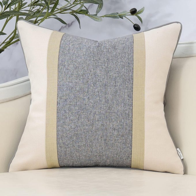 PATCHWORK PILLOW COVER 20X20 INCH LUXURY COTTON AND LINEN CUSHION COVER SQUARE PILLOWCOVER FOR COUCH BEDROOM LIVING ROOM GRAY
