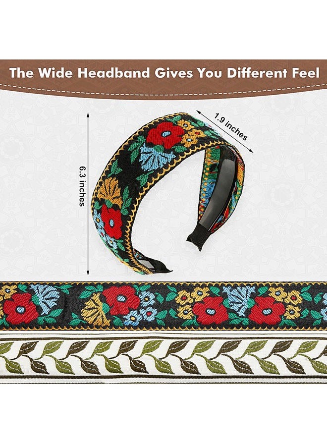 eBoot 4 Pieces Boho Headband for Women Embroidery Wide Hair Band Bohemia Floral Knotted Wide Headbands Vintage Ethnic Style Girls Accessories(Classic Pattern) - Image 2