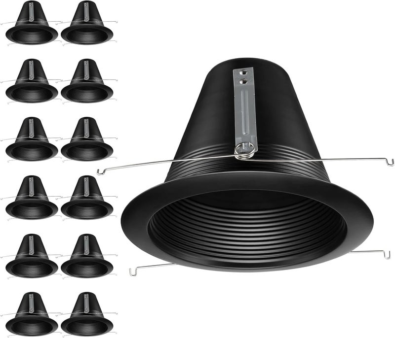 TORCHSTAR 12-Pack 6 Inch Recessed Can Light Trim, IC-Rated Anti-Glare 6 Inch Air Tight Baffle Trim, Self-Flanged Recessed Light Trim, Black - Image 1