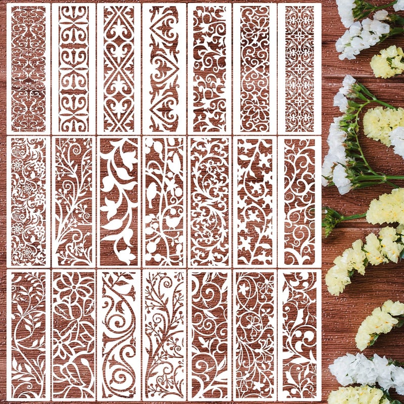 SUNVERSE Floral Stencils for Crafts Reusable Texture Stencils Background Stencil Leaf Swirl Templates for Painting on Wood Furniture Card Canvas - Image 1