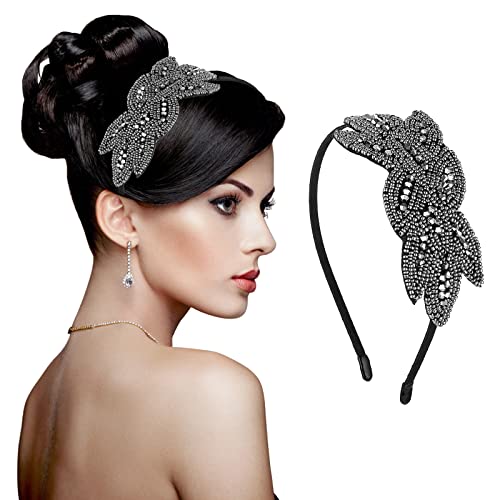 Sibba 1920s Headbands for Women Head Bands Accessories Crystal Bridal Wedding Black Headpiece 20s Rhinestone Flapper Vintage Hair Valentines Accessory for Girls Costume Prom Party Retro Grey - Image 1