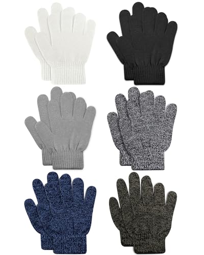 ONESING 6 Pairs Kids Knit Winter Gloves - Stretchy Solid Finger Boys & Girls Mixcolor Gloves - Image 1
