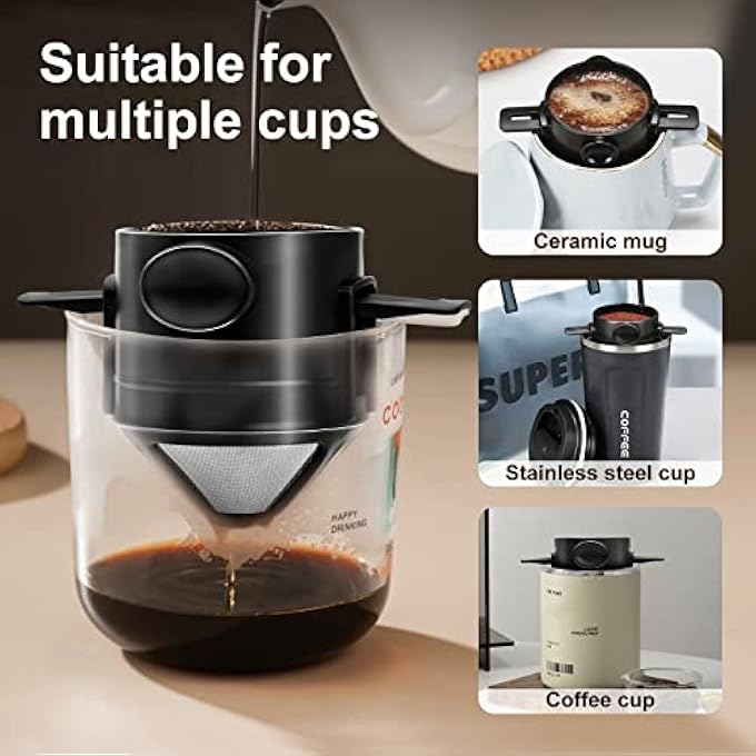 Khazna Pour Over Coffee Dripper Reusable Stainless Steel Pour Over Coffee Filters Easy To Clean Camping Coffee Filter Portable Collapsible Coffee Maker Paperless Travel Coffee Makers - Image 2