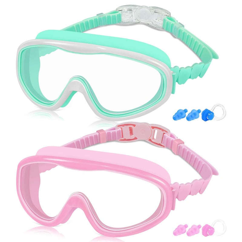 COOLOO Kids Swim Goggles for Age 315 2 Pack Kids Goggles for Swimming with Nose Cover No Leaking AntiFog Waterproof Mint greenPink