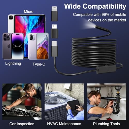 CTEOUNPT Endoscope Camera with Light, 1920P HD Borescope Inspection Camera with 8 Adjustable LEDs, IP67 Waterproof Semi-Rigid Snake Cable for Android, iPhone, and iPad(16.4ft, Single Lens) - Image 5