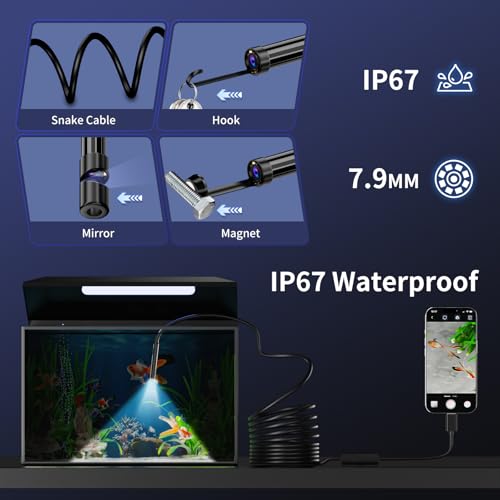 CTEOUNPT Endoscope Camera with Light, 1920P HD Borescope Inspection Camera with 8 Adjustable LEDs, IP67 Waterproof Semi-Rigid Snake Cable for Android, iPhone, and iPad(16.4ft, Single Lens) - Image 4