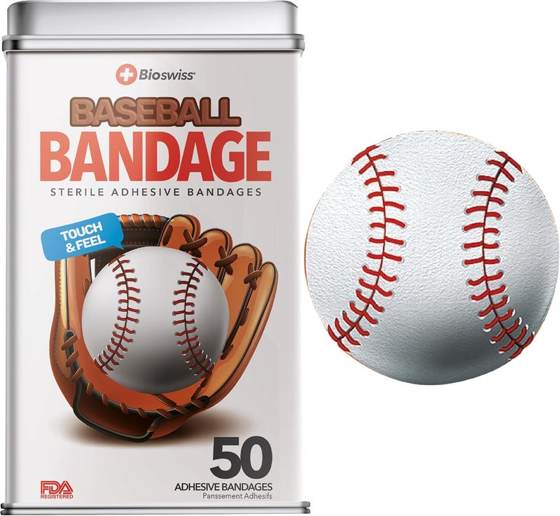 BioSwiss Bandages Baseballs Shaped Self Adhesive Bandage Latex Free Sterile Wound Care Fun First Aid Kit Supplies for Kids 50 Count - Image 1